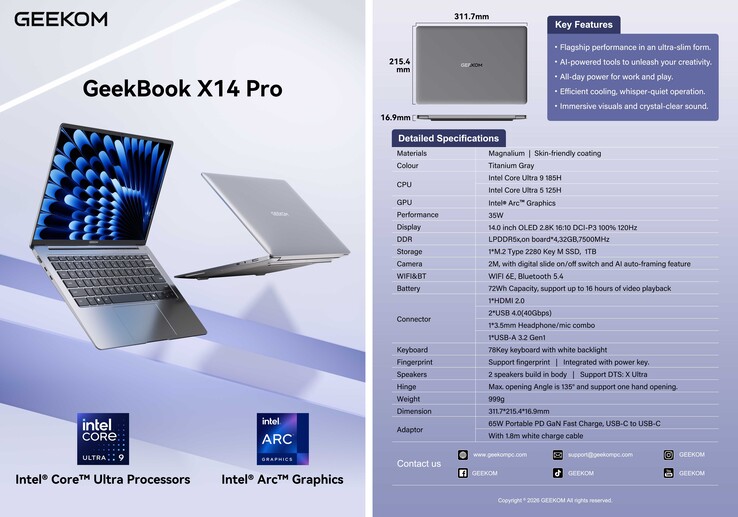 Geekom GeekBook X14 Pro gegevensblad (Afbeelding bron: Geekom)