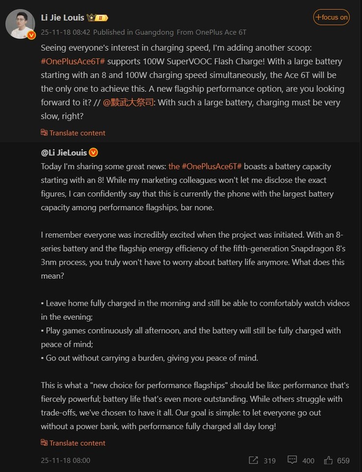 Li Jie Louis vertelt over de batterij en laadsnelheid van de OnePlus Ace 6T (Beeldbron: Weibo - machine vertaald)