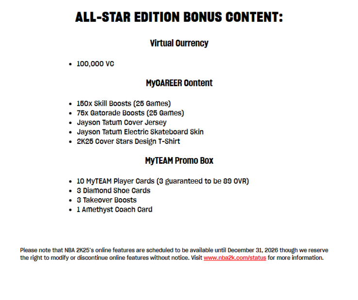 Een screenshot van de officiële NBA 2K-winkel. Een melding onderaan geeft aan dat EA zich het recht voorbehoudt om online functies zonder voorafgaande kennisgeving te wijzigen of stop te zetten.
