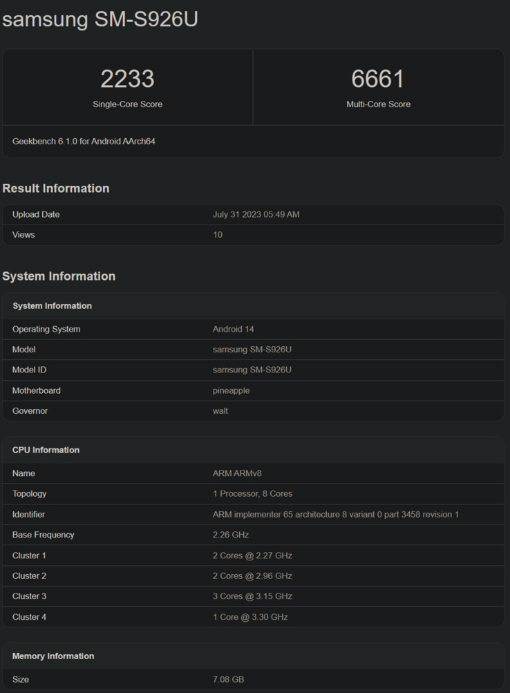 Qualcomm Snapdragon 8 Gen 3 Geekbench listing met de Samsung Galaxy S24+ (afbeelding via Geekbench)