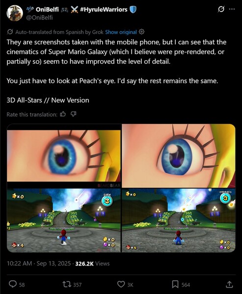 Super Mario Galaxy vergelijking met Switch-port 2020 (Beeldbron: screenshot, OniBelfi X-account)