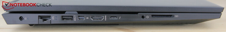 Links: AC-adapter, LAN, USB-A 3.0 (HP Sleep and Charge), miniDP, HDMI, USB-C 4 met Thunderbolt 4, headset, SD-kaartlezer