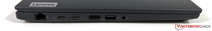 Links: Gigabit Ethernet, 2x USB-C 4.0 met Thunderbolt 4 (40 Gbit/s, DisplayPort ALT-modus 1.4, Power Delivery 3.0), HDMI 2.1, USB-A 3.2 Gen.1 (5 Gbit/s, Powered), 3,5-mm stereopoort