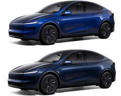 De Model Y in de nieuwe kleur Marine Blue vs Deep Blue Metallic (boven). (Afbeeldingsbron: Tesla)