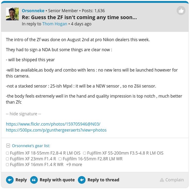 Een screenshot van de vermeende bevestiging van de Nikon Zf op het DPReview forum. (Afbeeldingsbron: DPReview)