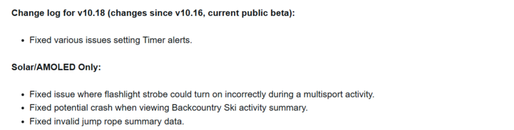 De release notes voor bètaversie 10.18 voor de Garmin Instinct 3 smartwatches. (Afbeelding bron: Garmin)