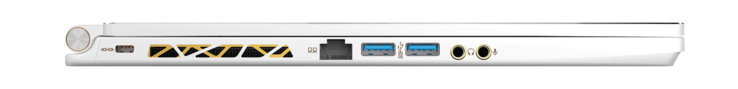 Linkerkant: Kensington slot, RJ45 Ethernet, 2x USB 3.1, koptelefoon, microfoon