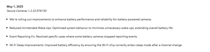 De release notes voor de Philips Hue Secure Cameras 1.2.32.976150 update. (Afbeeldingsbron: Philips)