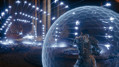 Arjun Devraj zet het Soltari Shield in tegen een golf van inkomende projectielen op Carcosa.