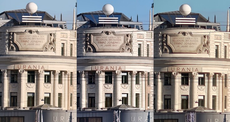 vergelijking van 20x Zoom uitsnede: Links: Oppo met externe lens. Midden: Vivo zonder externe lens. Rechts: Oppo zonder externe lens.