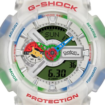 Een close-up van de wijzerplaat van de G-Shock GA-110 met Pokémon-thema, waarop de wijzer in de vorm van Pikachu en het Pokémon-logo te zien zijn.
