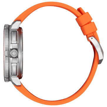 De productafbeelding aan de zijkant van de Citizen Promaster Wave Tracker JV3000-13E toont de roestvrijstalen kast, de structuur draaibare lunette, de pushers en de oranje rubberen band.
