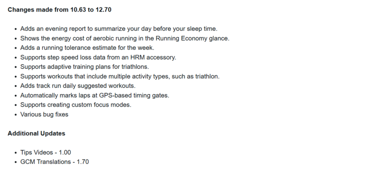 Het wijzigingslogboek voor softwareversie 12.70 voor de Garmin Venu X1 smartwatch. (Afbeelding bron: Garmin)