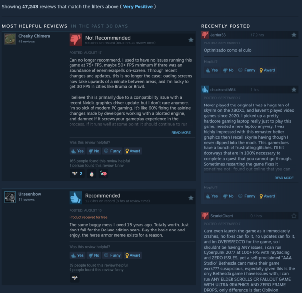 Oblivion Remastered recente negatieve Steam-beoordelingen (Afbeelding bron: screenshot, Steam)