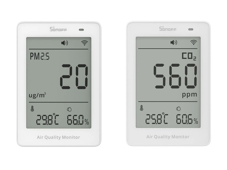 De PM2,5/PM10 (links) en CO2 (rechts) Sonoff AirGuard-sensoren