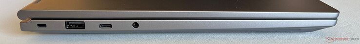 Linkerkant: Kensington NanoSaver, USB-A 2.0, USB-C 3.2 Gen.2 (10 Gbps, DisplayPort ALT-modus 1.4a, voeding), 3,5 mm stereo