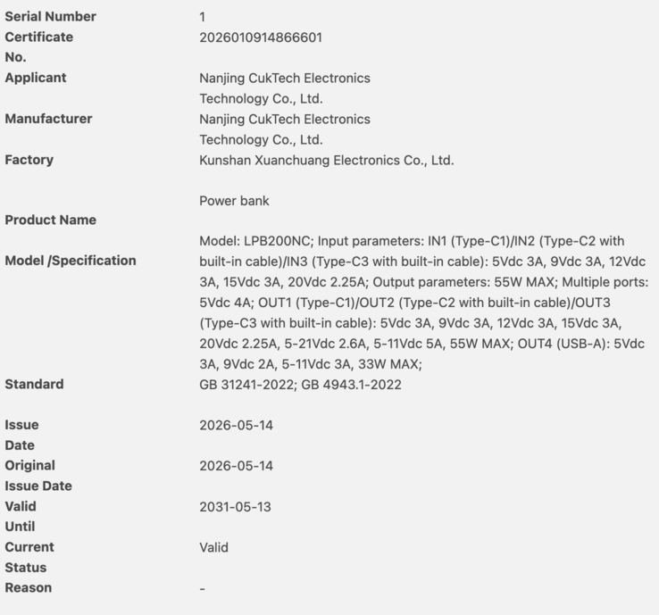 De 3C database aanvraag voor de Cuktech LPB200NC powerbank