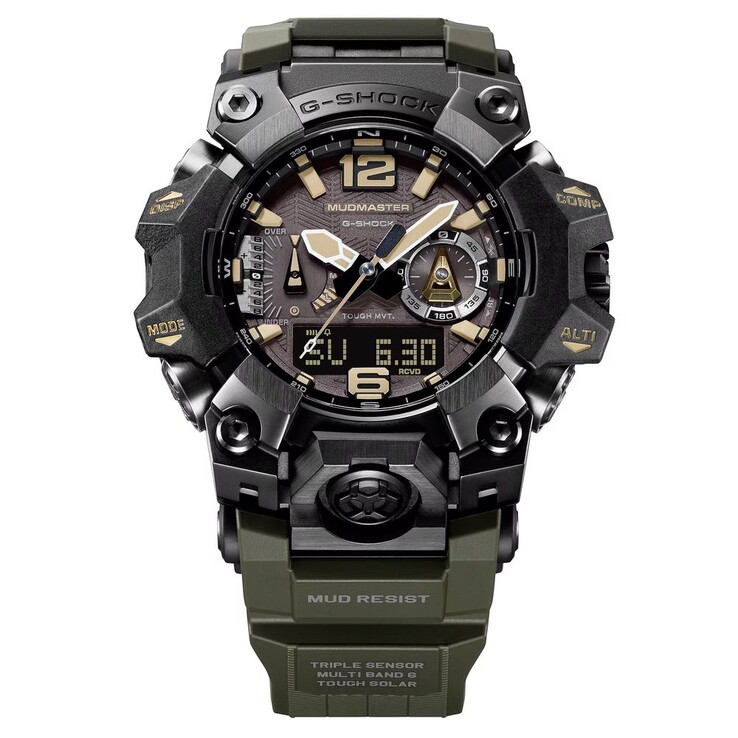 Close-up van de wijzerplaat van de G-Shock Mudmaster GWG-B1000-1A3 met bruine uurmarkeringen, lichtgevende wijzers, een digitaal display en kompasmarkeringen.