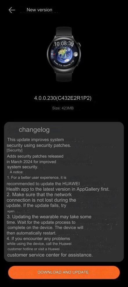 De change log voor de March 2024 Security Patch voor de Huawei Watch 4 Pro. (Afbeelding bron: Huaweiblog.de via Google Translate)