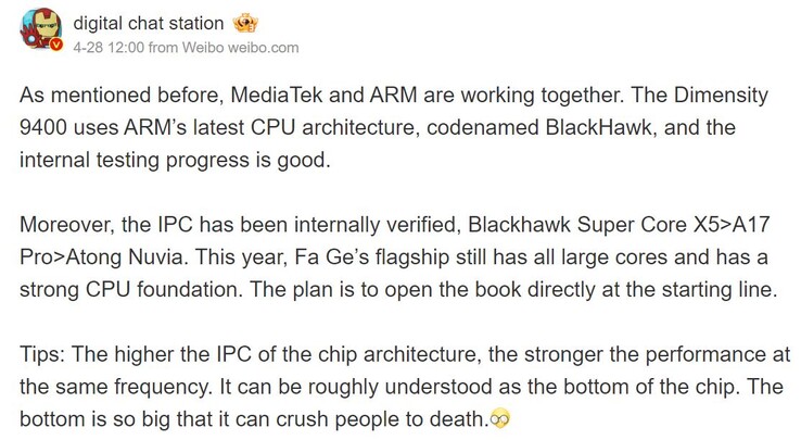 MediaTek Dimensity 9400 lek. (Bron: Digitaal Praatstation op Weibo)