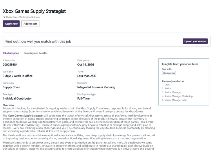Een schermafbeelding van het carrièregedeelte van de officiële website van Microsoft met een vacature voor een Xbox Games Supply Strategist.