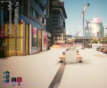 Cyberpunk 2077 draait op 1080p Ultra met FSR Auto op de Steam Machine, met een prestatie-overlay op het scherm