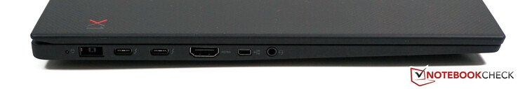Left-hand side: Slim Tip power connector, 2x Thunderbolt 3 (USB 3.1 Gen 2 Type-C), HDMI 2.0, mini-Ethernet, 3.5 mm jack