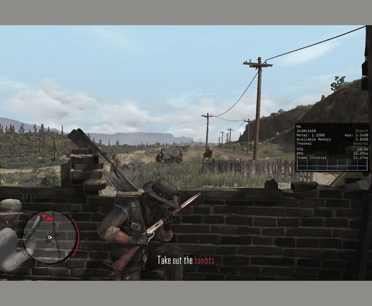 Red Dead Redemption uitgevoerd op een iPad Pro met de Metal performance HUD toont 60 fps uitvoer (Afbeelding bron: MrMacRight via YouTube)