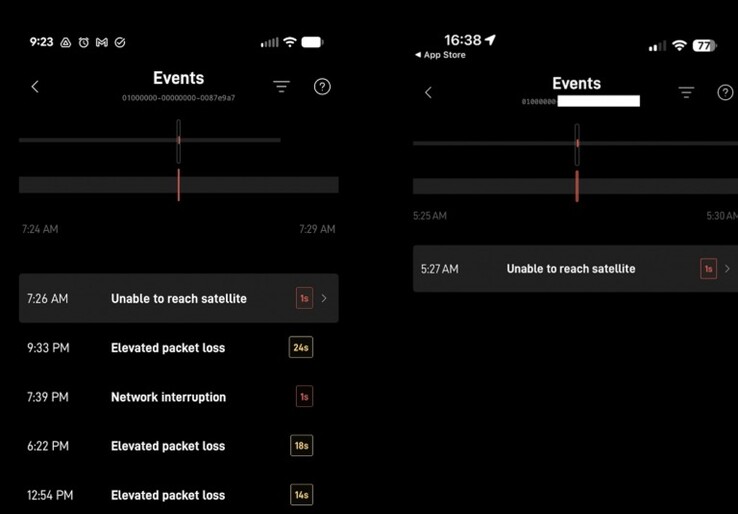 Het nieuwe gebeurtenissenlogboek in de Starlink app. (Afbeeldingsbron: SpaceX via Brian Westover/Tim Belfall)