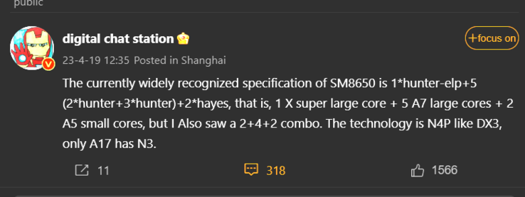 Snapdragon 8 Gen 3 alternatieve kernconfiguratie (afbeelding via Weibo)