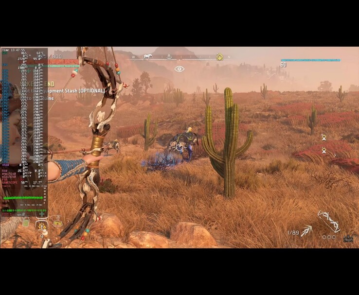 Gameplay screenshot van Horizon Zero Dawn Remastered uitgevoerd op Bazzite OS met Framework Desktop PC, met in-game prestatie-overlay (bron: ETA PRIME via YouTube)